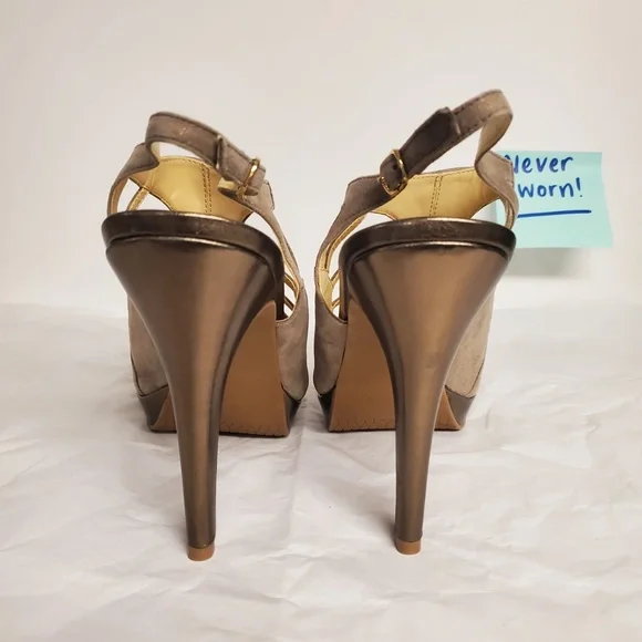 NEW taupe Clever 9 stiletto heels Audrey Brooke cutout open toe nude neutral tan - Picture 4 of 8